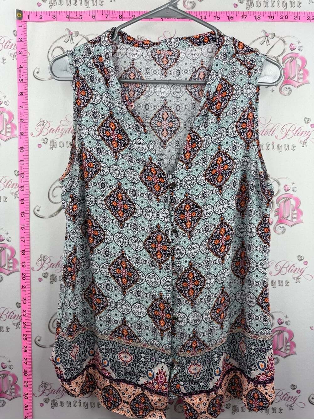 Tank top Sleeveless Mint & Orange Printed V-Neck Women's Top
